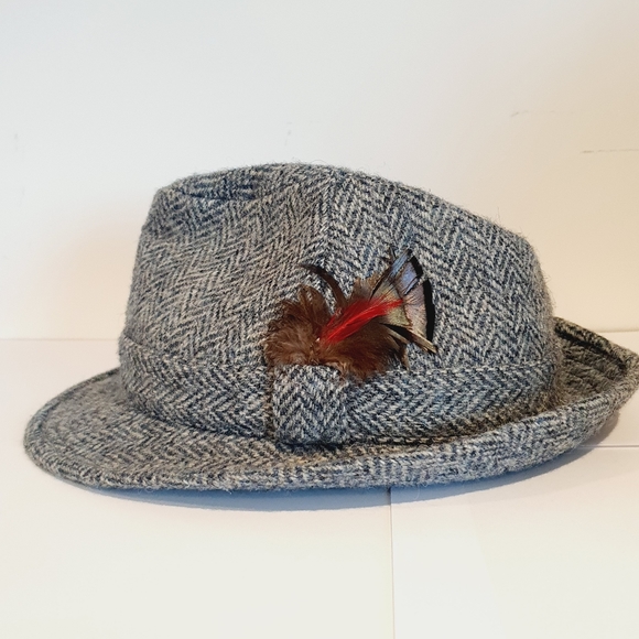 Harris Tweed Dunn & Co Hat Trilby Grey Herringbone Feather Vintage Size 7 57cm - Picture 3 of 8